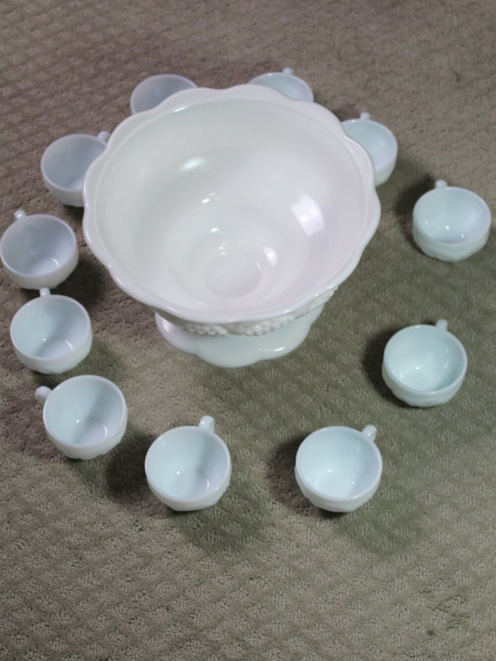 Vtg Anchor Hocking White Milk Glass Grapevine Punch Bowl Set w Base & 11 Cups